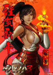 Rule 34 | 1girl, absurdres, artist name, black hair, bracelet, breasts, chinese commentary, commentary request, copyright name, detached sleeves, earrings, fingerless gloves, fire, gloves, highres, japanese clothes, jewelry, large breasts, lian (escaperecidivist), lips, long hair, magic, momiji (ninja gaiden), ninja, ninja gaiden, no bra, nose, pelvic curtain, ponytail, red eyes, revealing clothes, rope, shimenawa, sideboob, solo, stud earrings, translation request, very long hair