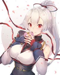 Rule 34 | 1girl, armor, black sash, blush, box, breasts, closed mouth, commentary request, detached sleeves, fate/grand order, fate (series), hair between eyes, hands on own chest, heart, heart-shaped box, japanese armor, japanese clothes, kimono, kusazuri, large breasts, looking at viewer, obi, petals, ponytail, red ribbon, ribbon, sash, smile, solo, teddy (khanshin), tomoe gozen (fate), undershirt, upper body, valentine, white hair, white kimono