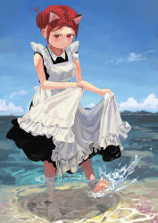 Rule 34 | 1girl, animal ears, apron, apron lift, beach, blush, cat ears, closed mouth, clothes lift, dress, dress lift, feet, hair bun, highres, in water, kn rookie, legs, looking at viewer, maid, mountain, ocean, original, outdoors, red eyes, red hair, sidelocks, single hair bun, skirt, skirt lift, sky, sleeveless, solo, toes, wading