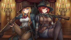 Rule 34 | 2girls, bad id, bad pixiv id, belt, belt pouch, black gloves, blonde hair, blue eyes, breasts, brown gloves, brown pants, candle, candlestand, collar, darkest dungeon, fingerless gloves, frilled collar, frills, frown, gloves, graverobber (darkest dungeon), gun, hat, hat feather, highres, ilpybot, indoors, knife, korean commentary, crossed legs, long hair, long sleeves, looking at viewer, medium breasts, multiple girls, pants, pickaxe, potion, pouch, puffy long sleeves, puffy sleeves, red hair, short hair, shovel, sitting, throwing knife, weapon