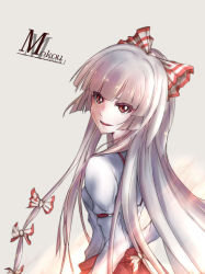 Rule 34 | 1girl, back, bad id, bad pixiv id, bow, character name, cowboy shot, from behind, fujiwara no mokou, hacchi (kyo-666), hair bow, hands in pockets, long hair, looking at viewer, looking back, open mouth, red eyes, shirt, silver hair, simple background, solo, suspenders, touhou, very long hair