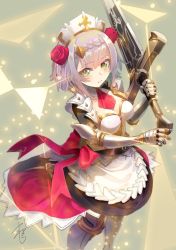 Rule 34 | 1girl, apron, armor, armored boots, ascot, blush, boots, bow, braid, breasts, claymore (sword), cleavage, closed mouth, dress, dress bow, flower, genshin impact, gloves, green eyes, hair between eyes, hair flower, hair ornament, hat, holding, holding sword, holding weapon, looking at viewer, noelle (genshin impact), pauldrons, purple hair, short hair, shoulder armor, signature, solo, sword, weapon, yamahara