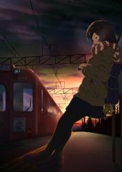 Rule 34 | 1girl, bag, black pantyhose, blush, brown eyes, brown hair, cardigan, cellphone, cloud, dark, fence, from below, hair ornament, hairclip, highres, leaning, loafers, long hair, looking down, onion pikupiku, original, overhead line, pantyhose, phone, poster (object), power lines, profile, scarf, school bag, school uniform, shoes, sky, solo, star (sky), striped clothes, striped scarf, stuffed animal, stuffed toy, sunset, teddy bear, train, train station, vanishing point