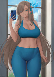 Rule 34 | 1girl, animal print, asuna (blue archive), bare shoulders, blue archive, blue eyes, breasts, cellphone, cleavage, collarbone, gluteal fold, grin, hair over one eye, hair ribbon, highres, holding, holding phone, large breasts, long hair, looking at viewer, mole, mole on breast, pants, phone, rabbit print, ribbon, smartphone, smile, solo, sports bra, swept bangs, twitter username, very long hair, yoga pants, zaphn
