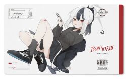Rule 34 | 1girl, 2022, absurdres, alternate costume, arrow (symbol), black choker, black footwear, black hair, black horns, black jacket, black shirt, black skirt, black socks, blue archive, choker, collared shirt, comiket 101, earclip, english text, unworn eyewear, fataaa, flame print, hair ornament, hairclip, halo, highres, holding, holding removed eyewear, horns, jacket, jacket partially removed, kayoko (blue archive), latin text, looking at viewer, medium hair, mousepad (medium), multicolored hair, parted lips, ponytail, print footwear, projected inset, recycling symbol, red eyes, shirt, shoes, sign, signature, sitting, skirt, sneakers, socks, solo, two-tone hair, warning sign, white hair