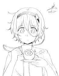 Rule 34 | 1girl, commentary request, cup, dated, greyscale, hair between eyes, hairband, heart, highres, holding, holding cup, holding saucer, komeiji satori, light frown, looking at viewer, monochrome, saucer, shirt, short hair, signature, solo, teacup, third eye, touhou, tsukigi, upper body