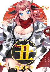 Rule 34 | 1girl, animal print, belt, black jacket, black nails, black skirt, black thighhighs, blue eyes, blush, bowl, braid, braided hair rings, breasts, center opening, chinese zodiac, chopsticks, cleavage, cleavage cutout, closed mouth, clothing cutout, commentary, cow print, cowboy shot, eating, egasumi, food, french braid, fur-trimmed jacket, fur trim, garter straps, hair ornament, hair rings, hairclip, high-waist skirt, highres, holding, holding bowl, holding chopsticks, jacket, large breasts, looking at viewer, medium hair, mizuiro 32, mochi, multicolored clothes, multicolored jacket, multicolored nails, nail polish, new year, original, pink hair, red belt, red scarf, scarf, shirt, signature, simple background, single thighhigh, skirt, smile, solo, soup, suspender skirt, suspenders, thick eyebrows, thighhighs, thighs, two-tone jacket, uroko (pattern), white jacket, white nails, white shirt, year of the ox, zouni soup