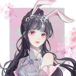 Rule 34 | 1girl, animal ears, black hair, douluo dalu, dress, expressionless, flower, highres, looking at viewer, looking back, ponytail, rabbit ears, solo, upper body, xiang chenshui yu milu shenlin, xiao wu (douluo dalu)