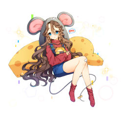 Rule 34 | 1girl, :o, animal ears, animal hood, bad id, bad pixiv id, blush, bow, brown hair, cheese, commentary, food, hair between eyes, hood, hood up, long hair, long sleeves, looking at viewer, mouse ears, mouse girl, mouse hood, mouse tail, no shoes, original, overall skirt, parted lips, red shirt, red socks, ribbed legwear, romaji commentary, romaji text, shirt, sitting, sleeves past wrists, socks, solo, sparkle, tail, tail bow, tail ornament, tp (kido 94), very long hair, white background, yellow bow