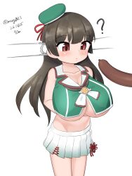 Rule 34 | 1girl, ?, absurdres, beret, black hair, breasts, choukai (kancolle), dated, food, green hat, green shirt, hat, headgear, highres, kantai collection, large breasts, long hair, maru (marg0613), midriff, navel, no eyewear, one-hour drawing challenge, pleated skirt, red eyes, sailor collar, sausage, sexually suggestive, shirt, simple background, skirt, sleeveless, sleeveless shirt, solo, twitter username, underboob, white background, white sailor collar, white skirt