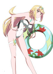 Rule 34 | 1girl, blonde hair, kageyasu, looking at viewer, mythra (radiant beach) (xenoblade), mythra (xenoblade), one-piece swimsuit, simple background, solo, strapless, strapless one-piece swimsuit, swimsuit, white background, xenoblade chronicles (series), xenoblade chronicles 2, yellow eyes