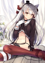 Rule 34 | 10s, 1girl, amatsukaze (kancolle), black panties, black shirt, chain, choker, clothes lift, commentary request, curtains, dress, dress lift, flower, gloves, hair between eyes, hair tubes, hat, high heels, highres, kantai collection, kobayashi chisato, lifted by self, long hair, long sleeves, looking at viewer, mini hat, navel, on floor, orange eyes, panties, red thighhighs, rudder footwear, sailor collar, sailor dress, shirt, short dress, side-tie panties, silver hair, sitting, solo, stomach, striped clothes, striped thighhighs, thighhighs, underwear, very long hair, white flower, white gloves, wooden floor