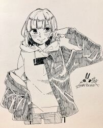 Rule 34 | 1girl, blunt bangs, blush, closed mouth, commentary request, cowboy shot, cropped legs, greyscale, hand in pocket, hatching (texture), highres, hood, hood down, hoodie, jacket, kashikaze, long sleeves, looking at viewer, mole, mole under mouth, monochrome, nib pen (medium), open clothes, open jacket, real life, saitou shuka, short hair, signature, simple background, single off shoulder, solo, traditional media, voice actor