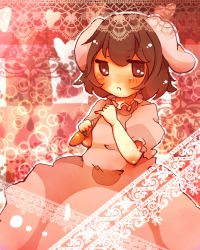 Rule 34 | 1girl, animal ears, arm up, bad id, bad pixiv id, blush, brown eyes, brown hair, rabbit ears, carrot, dress, female focus, frills, heart, holding, inaba tewi, nanahamu, open mouth, pink dress, pinky out, short hair, short sleeves, solo, touhou