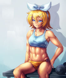 Rule 34 | 1girl, abs, blue eyes, breasts, dumbbell, hair ornament, hair ribbon, hairclip, kagamine rin, md5 mismatch, muscular, muscular female, ribbon, short shorts, shorts, sitting, small breasts, smile, solo, sports bra, sweat, tan, vocaloid, yilx