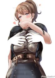 Rule 34 | 1girl, armor, bad id, bad twitter id, belt, blush, grabbing another&#039;s breast, breasts, brown hair, grabbing, hair between eyes, heart, intrepid (kancolle), jacket, juurouta, kantai collection, large breasts, long sleeves, medium hair, ponytail, purple eyes, shirt, simple background, solo, solo focus, white background, white shirt