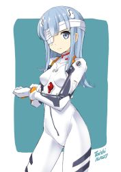 Rule 34 | 1girl, aqua background, artist name, ayanami rei, ayanami rei (cosplay), bandage over one eye, bandages, blue eyes, blue hair, blunt bangs, bodysuit, bracer, breasts, clenched hand, closed mouth, contrapposto, cosplay, cowboy shot, dated, expressionless, eyepatch, flipped hair, from side, gloves, hatsukaze (kancolle), headgear, interface headset, kantai collection, long hair, looking at viewer, neon genesis evangelion, out of frame, pilot suit, plugsuit, shimouki izui, sidelocks, signature, small breasts, solo, standing, turtleneck, two-tone background, white background, white bodysuit