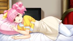 Rule 34 | 1girl, :d, bed sheet, bedroom, blunt bangs, bow, collarbone, doukyuusei, dress shirt, game cg, hair bow, high-waist skirt, highres, indoors, long hair, looking at viewer, lying, miniskirt, official art, on side, open mouth, pillow, pink hair, red eyes, shirt, short sleeves, skirt, smile, solo, sumeragi kohaku, suspender skirt, suspenders, suzuhi miho, thighhighs, twintails, white skirt, white thighhighs, yellow bow, yellow shirt