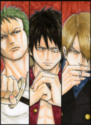 Rule 34 | 3boys, black hair, blonde hair, blue shirt, cigarette, clenched hand, earrings, green hair, hair over one eye, jewelry, katana, male focus, monkey d. luffy, multiple boys, one piece, open clothes, pixiv sample, red vest, resized, roronoa zoro, sanji (one piece), serious, shirt, smoking, sword, vest, weapon, white shirt