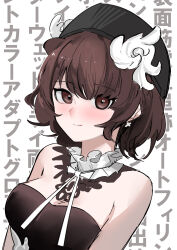 Rule 34 | 1girl, ao oni (onioni-aoi), arknights, bare shoulders, black hat, blush, bow, breasts, brown dress, brown eyes, brown hair, closed mouth, commentary request, dress, frills, hair ornament, hat, highres, looking at viewer, medium breasts, official alternate costume, roberta (arknights), roberta (granter of colors) (arknights), short hair, smile, solo, strapless, strapless dress, text background, translation request, unfinished, upper body, white background, white bow