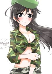 Rule 34 | 1girl, ahoge, beret, black eyes, black hair, blush, breasts, camouflage, camouflage pants, camouflage shirt, cleavage, closed mouth, collared shirt, dated, front-tie top, girls und panzer, green hat, green shirt, grey pants, hand on own arm, hat, heart, hinase (twoxout), isuzu hana, long hair, long sleeves, looking at viewer, medium breasts, midriff, navel, pants, shirt, smile, solo, standing, twitter username, wind