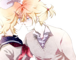 Rule 34 | 1boy, 1girl, blonde hair, blue eyes, brother and sister, eye contact, face-to-face, kagamine len, kagamine rin, looking at another, mozzu, school uniform, serafuku, short hair, siblings, simple background, smile, twins, vocaloid, white background