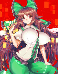 Rule 34 | 1girl, alternate breast size, bare arms, bird wings, black wings, bouncing breasts, bow, breasts, brown hair, cape, center frills, clip studio paint (medium), closed mouth, collared shirt, frilled bow, frilled shirt, frilled shirt collar, frills, green bow, green skirt, hair bow, hand rest, hand up, highres, huge bow, huge breasts, impossible clothes, impossible shirt, long hair, long skirt, looking at viewer, motion lines, parted bangs, puffy short sleeves, puffy sleeves, red eyes, reiuji utsuho, shirt, short sleeves, sitting, skirt, smile, solo, sweat, third eye, touhou, umigarasu (kitsune1963), unaligned breasts, very long hair, wings