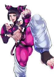 Rule 34 | 1girl, abs, breasts, bursting breasts, crotch, detached sleeves, drill hair, covered erect nipples, female focus, fighting stance, fingerless gloves, gloves, halterneck, halterneck, han juri, highres, large breasts, leg up, looking at viewer, muscular, muscular female, nail polish, navel, pink nails, sideboob, smile, solo, standing, standing on one leg, street fighter, street fighter iv (series), toned, tongue, tongue out, twin drills, underboob