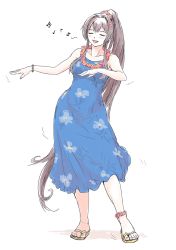 Rule 34 | 1girl, alternate costume, blue dress, brown hair, cherry blossoms, closed eyes, dancing, dress, floral print, flower, flower necklace, full body, hair flower, hair ornament, highres, hula, kantai collection, lei, long hair, ponytail, simple background, smile, solo, vent arbre, very long hair, white background, yamato (kancolle)
