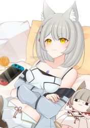 Rule 34 | 1girl, camisole, chest jewel, game console, handheld game console, highres, jacket, mio (xenoblade), nia (blade) (xenoblade), nia (xenoblade), nintendo, nintendo switch, shoulder strap, solo, stuffed toy, tank top, usagisii, white camisole, white jacket, white tank top, xenoblade chronicles (series), xenoblade chronicles 2, xenoblade chronicles 3, yarn, yarn ball, yellow eyes