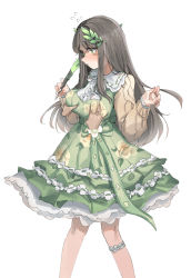 Rule 34 | 1girl, absurdres, black survival, blush, grabbing another&#039;s breast, breasts, brown hair, disembodied hand, dress, eternal return: black survival, floral print, grabbing, green dress, green eyes, groping, gweon sua, hair ornament, highres, large breasts, leaf hair ornament, long hair, polyvora, quill, simple background, solo, surprised, white background