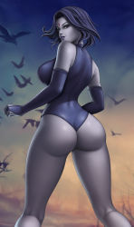 Rule 34 | 1girl, animal, ass, bare shoulders, bird, branch, breasts, bridal gauntlets, colored skin, commentary, crow, dc comics, flowerxl, forehead jewel, gem, gradient sky, grey skin, jewelry, lips, looking at viewer, looking back, outdoors, parted lips, purple hair, raven (dc), shiny skin, short hair, simple background, sky, sleeveless, smile, solo, teen titans, thighs, tree