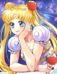 Rule 34 | 1girl, beads, bishoujo senshi sailor moon, blonde hair, blue eyes, breasts, cleavage, collarbone, crescent, crescent facial mark, double bun, dress, earrings, facial mark, flower, forehead mark, hair beads, hair flower, hair ornament, head rest, holding, holding flower, jewelry, leaning forward, long hair, princess serenity, rose, solo, tomomiya, tsukino usagi, twintails, white dress