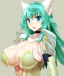 Rule 34 | 1girl, animal ears, black choker, blue eyes, breasts, choker, cleavage, commentary request, eyelashes, fangs, green background, green hair, highres, huge breasts, long hair, looking at viewer, minarai tenna, open mouth, original, simple background, sketch, solo, upper body
