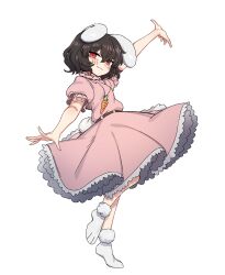 Rule 34 | 1girl, animal ears, black hair, blush, carrot necklace, closed mouth, dress, frilled dress, frilled sleeves, frills, full body, hair between eyes, highres, inaba tewi, jewelry, necklace, nyong nyong, pink dress, rabbit ears, rabbit tail, red eyes, short hair, short sleeves, smile, socks, solo, tail, touhou, transparent background, white socks