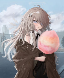 Rule 34 | 1girl, :o, absurdres, ahoge, arknights, black ribbon, blue eyes, brown jacket, cecelia (arknights), cloud, cloudy sky, collared shirt, cotton candy, cranes (hiroro1), day, detached wings, flower, food, hair flower, hair ornament, halo, highres, holding, holding food, jacket, light blush, light brown hair, long hair, mini wings, neck ribbon, ribbon, shirt, sky, sleeveless, sleeveless shirt, solo, upper body, very long hair, white shirt, wings