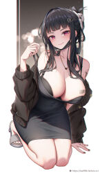 Rule 34 | 1girl, arm tattoo, barcode, barcode tattoo, black bra, black dress, black hair, black nails, black sweater, bra, breasts, cleavage, closed mouth, d (killer wife) (nikke), d (nikke), dress, folded ponytail, full body, full nelson, glint, goddess of victory: nikke, hair ornament, hairclip, hayate (leaf98k), heart, heart necklace, highres, jewelry, kneeling, large breasts, large penis, looking at viewer, mask, mask pull, mouth mask, nail polish, necklace, penis, red eyes, ring, sidelocks, smile, solo, strap pull, sweater, tattoo, taut clothes, taut dress, toenail polish, toenails, underwear, variant set