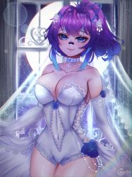 Rule 34 | 1girl, absurdres, artist name, ayrinsama, bandaid, bandaid on face, bandaid on nose, blue eyes, blue hair, breasts, choker, cleavage, commentary, covered navel, dress, elbow gloves, english commentary, gloves, hair ornament, highres, indie virtual youtuber, large breasts, long hair, looking at viewer, melody (projektmelody), multicolored hair, navel, ponytail, purple hair, see-through, smile, streaked hair, triangle hair ornament, veil, virtual youtuber, vshojo, wedding dress, white choker, white dress, white gloves, white veil