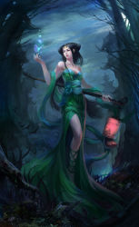 Rule 34 | 1girl, bare shoulders, bare tree, black hair, castle, cloud, cloudy sky, dress, forest, glowing, green dress, holding, holding lantern, jjlovely, lantern, long hair, nature, nie xiaoqian, sky, solo, strange stories from a chinese studio, tagme, tree