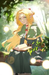 Rule 34 | 1girl, absurdres, belt, blonde hair, blue robe, book, braid, capelet, choker, dungeon meshi, elf, enoharatoki, forest, green eyes, highres, in tree, long hair, marcille donato, moss, nature, open book, outdoors, pointy ears, red choker, robe, sitting, sitting in tree, smile, tree, twin braids