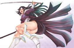 Rule 34 | 1girl, armor, ass, black hair, boots, brown eyes, eyebrows, eyelashes, female focus, fire emblem, fire emblem awakening, fire emblem heroes, fundoshi, fur trim, gradient background, harihisa, headband, highres, holding, holding sword, holding weapon, japanese clothes, katana, long hair, nintendo, open mouth, parted bangs, say&#039;ri (fire emblem), shoulder armor, solo, sword, teeth, thigh boots, thighhighs, thighs, tongue, upper teeth only, v-shaped eyebrows, weapon, white background, white footwear, white headband