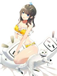 Rule 34 | 1girl, animal, bare arms, bare shoulders, bed sheet, bikini, bilibili, blue eyes, blush, breasts, brown hair, cat, cleavage, cleavage cutout, closed mouth, clothing cutout, collarbone, frilled bikini, frills, green eyes, hair ornament, highres, long hair, medium breasts, navel, original, rhea (0u0), smile, solo, swimsuit, thighs, tongue, tongue out, white background, white cat, yellow bikini