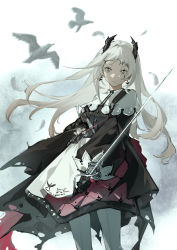 Rule 34 | 1girl, absurdres, arknights, bird, black jacket, brown eyes, closed mouth, cowboy shot, earrings, feathers, front-seamed legwear, gradient background, grey background, grey hair, head wings, highres, holding, holding sword, holding weapon, irene (arknights), jacket, jewelry, layered skirt, long hair, long sleeves, pantyhose, puffy long sleeves, puffy sleeves, purple skirt, rapier, scar, scar across eye, scar on face, seamed legwear, skirt, solo, sword, weapon, white background, white pantyhose, white skirt, wings, yingxiong abubu