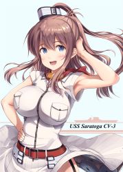 Rule 34 | 10s, 1girl, :d, ahoge, armpits, belt, belt buckle, blouse, blue background, blue eyes, blush, breast pocket, breasts, brown hair, buckle, character name, clothes lift, dress, drum magazine, funnel, garter straps, hand in own hair, hand on own hip, highres, ichikawa feesu, kantai collection, large breasts, long hair, looking at viewer, magazine (weapon), neckerchief, open mouth, pocket, ponytail, red belt, red neckerchief, saratoga (kancolle), shirt, side ponytail, simple background, skirt, skirt lift, smile, smokestack, solo, white dress, white shirt, wind, wind lift