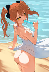 Rule 34 | 1girl, ass, beach, breasts, brown hair, d4dj, dress, food, from behind, highres, long hair, looking at viewer, looking back, medium breasts, minted, no panties, outdoors, popsicle, sand, see-through silhouette, seto rika, solo, standing, sundress, tongue, tongue out, twintails, water, yellow eyes