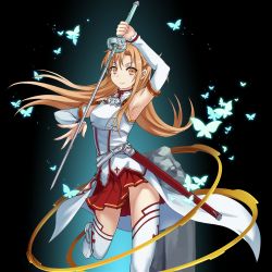 Rule 34 | 1girl, arm up, armor, armpits, asuna (sao), black background, breastplate, brown eyes, brown hair, da-cart, detached sleeves, floating hair, highres, holding, holding sword, holding weapon, long hair, looking at viewer, miniskirt, pleated skirt, red skirt, sheath, skirt, smile, solo, sword, sword art online, thighhighs, thighs, very long hair, weapon, white armor, white thighhighs