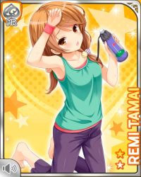 Rule 34 | 1girl, aqua shirt, bare legs, brown eyes, brown hair, card (medium), girlfriend (kari), kneeling, looking at viewer, low twintails, official art, pants, purple pants, qp:flapper, shirt, solo, tagme, tamai remi, tank top, twintails, wiping forehead, workout clothes, yellow background