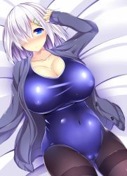 Rule 34 | 10s, 1girl, alternate costume, bed sheet, belly, black pantyhose, blue eyes, blush, breasts, buttons, cameltoe, cleavage, collarbone, covered navel, grey jacket, hair ornament, hair over one eye, hairclip, hamakaze (kancolle), huge breasts, jacket, kantai collection, open clothes, open jacket, pantyhose, pantyhose under swimsuit, short hair, silver hair, solo, swimsuit, thighband pantyhose, unbuttoned, yahiro (anhnw)