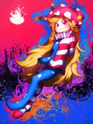 Rule 34 | 1girl, :3, american flag dress, american flag legwear, arms behind back, bad id, bad twitter id, blonde hair, breasts, closed mouth, clownpiece, dress, full body, hat, highres, jester cap, long hair, looking at viewer, niwarhythm, pantyhose, polka dot, red eyes, short dress, small breasts, smile, solo, star (symbol), star print, striped clothes, striped dress, striped pantyhose, touhou, very long hair