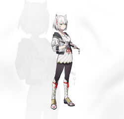 Rule 34 | 1girl, absurdres, animal ears, breasts, camisole, cat ears, chest jewel, flute, full body, grey hair, highres, holding flute, holding instrument, instrument, jacket, kazo (kidokazo), mio (xenoblade), pantyhose, short hair, simple background, skirt, small breasts, smile, solo, standing, tank top, white background, white camisole, white jacket, white skirt, white tank top, xenoblade chronicles (series), xenoblade chronicles 3, yellow eyes